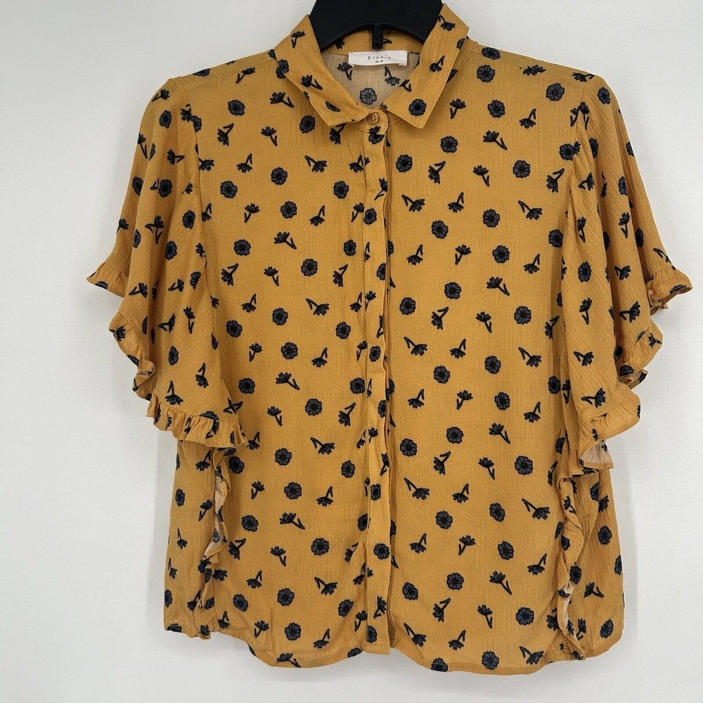 Elodie Mustard Yellow Floral Button Up Top Short Kimono Ruffle Sleeves Size M